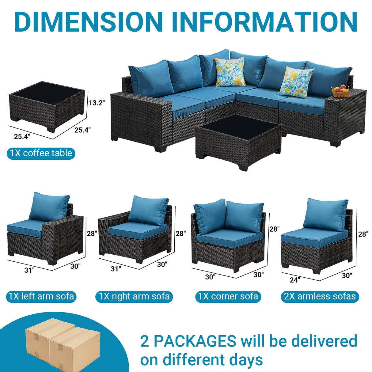 Jing's Villa 6-Piece Patio Furniture Set, All-Weather Outdoor Wicker Sectional Sofa with Cushions,Glass Table & Left and Right Armrest, Rattan Conversation Seating for Porch, Backyard,Peacock Blue Jing's Villa