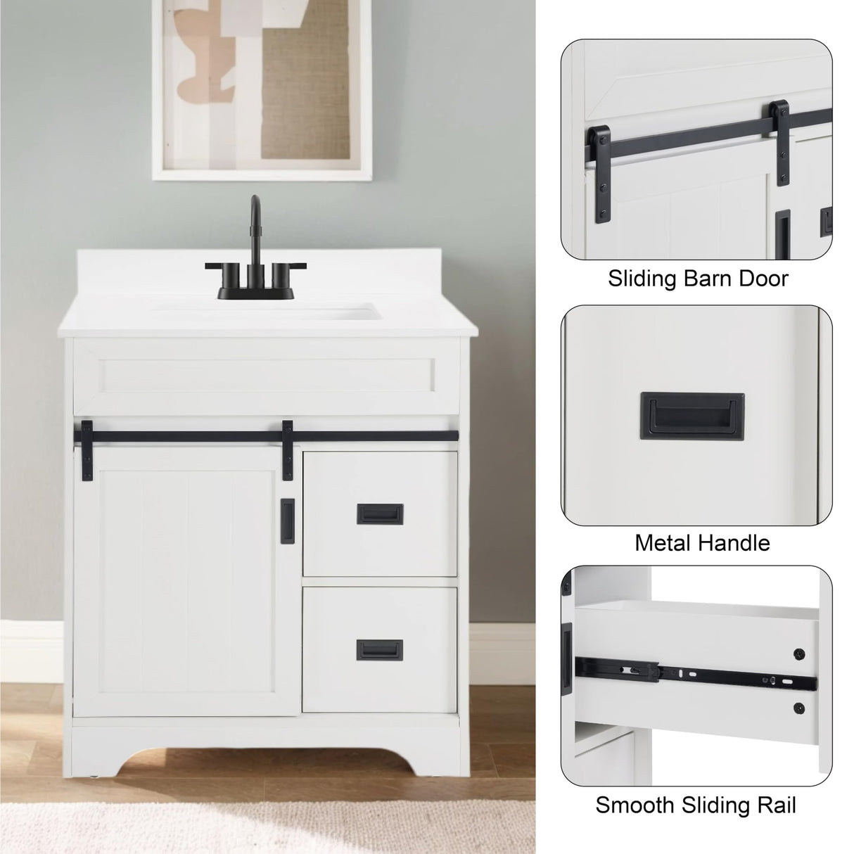 Furrnook Farmhouse Bathroom Vanity with Single Undermount Sink, Sliding Barn Doors, 2 Drawers & Ample Storage | Durable Engineered Stone Countertop | Freestanding Cabinet (30 inch) Furrnook