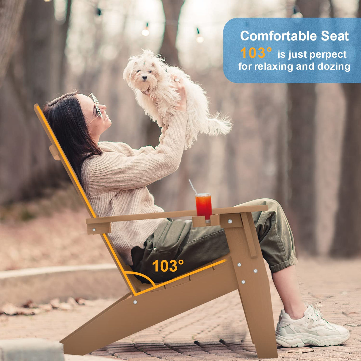 MXIMU Modern Adirondack Chair Weather Resistant with Cup Holder Oversized Fire Pit Chairs Adorondic Plastic Outdoor Chairs for Firepit Area Seating (Teak) MXIMU