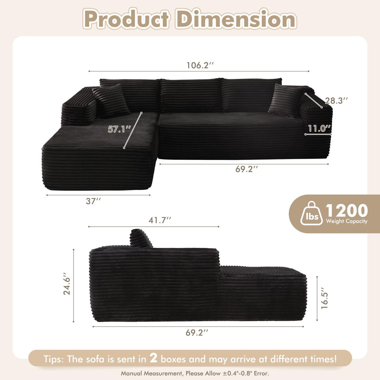 106" Cloud Sectional Couch with Chaise Longue,L Shaped Modular Modern Sofa,Comfy Corduroy Fluffy Couch with Deep Seat,No Assembly Required Couch for Living Room(Left,Plush Corduroy,Black) weaxty W