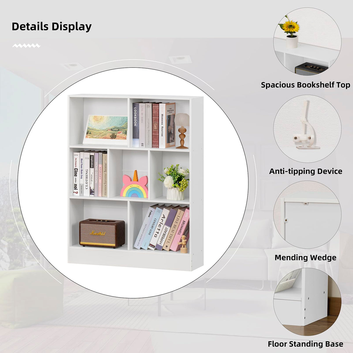 YAHARBO White 7 Cube Bookshelf,3 Tier Modern Horizontal Bookcase,Wooden Low Book Shelf Display Storage Cabinet with Base,Floor Standing Short Bookshelves Open Organizer for Bedroom,Living Room,Office YAHARBO