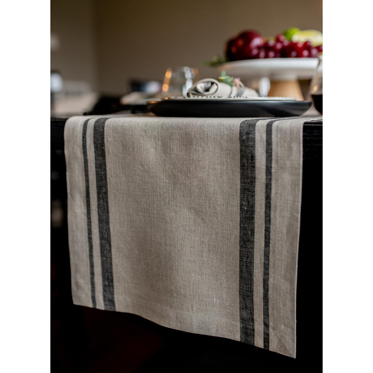 Solino Home Linen Table Runner 90 Inches Long - French Stripe, 100% Pure Linen Black and Natural Farmhouse Table Runner 14 x 90 Inch Ideal for Dining, Fall, Autumn, Thanksgiving, Holiday Solino Home