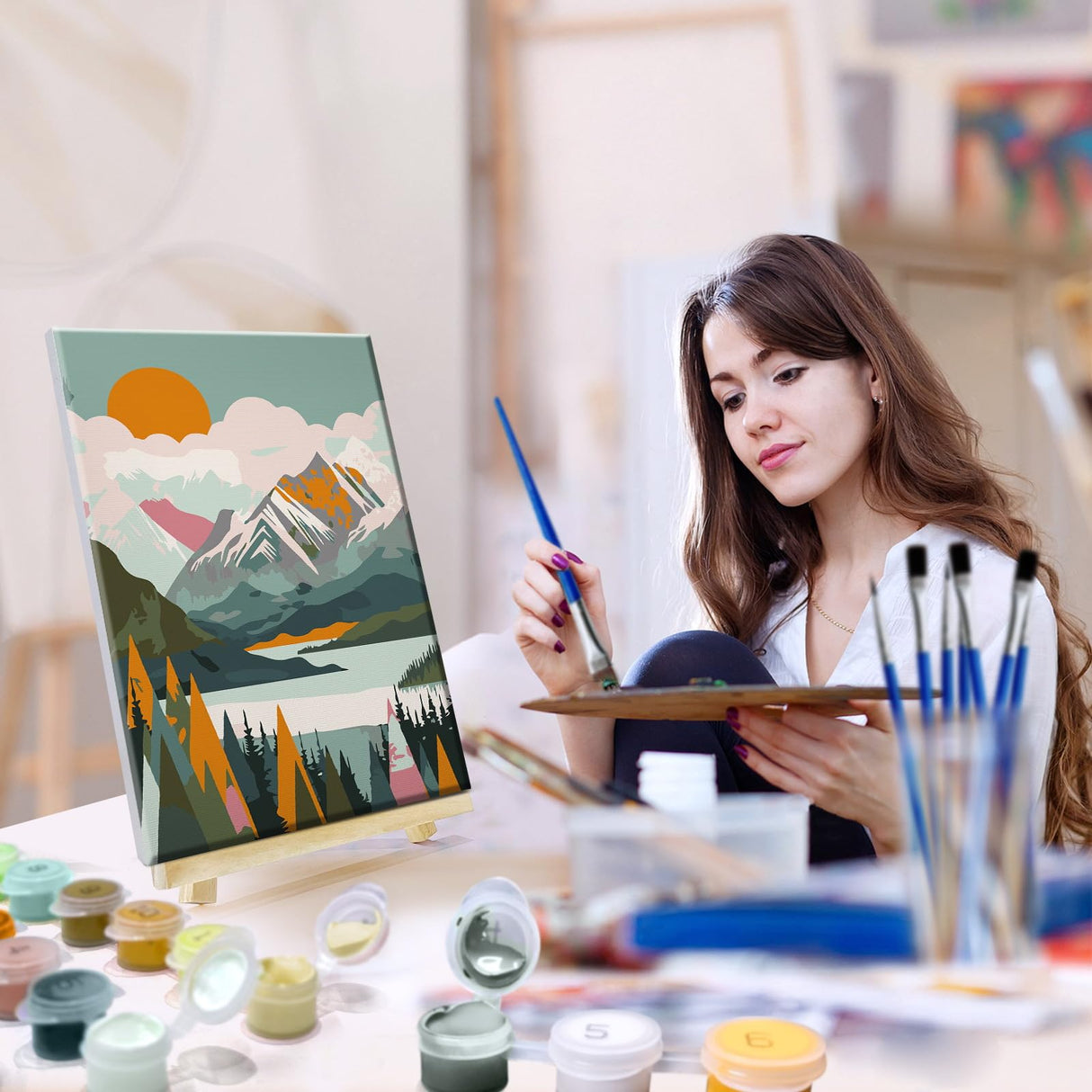 JOOZ 4 Pack Paint by Numbers Kit for Adults with Frame Mountain Landscape Paint by Number with Easel DIY Lake Adult Paint by Number Kits Sunset Easy Oil Painting Kits for Home Wall Decor 8x12 Inch JOOZ