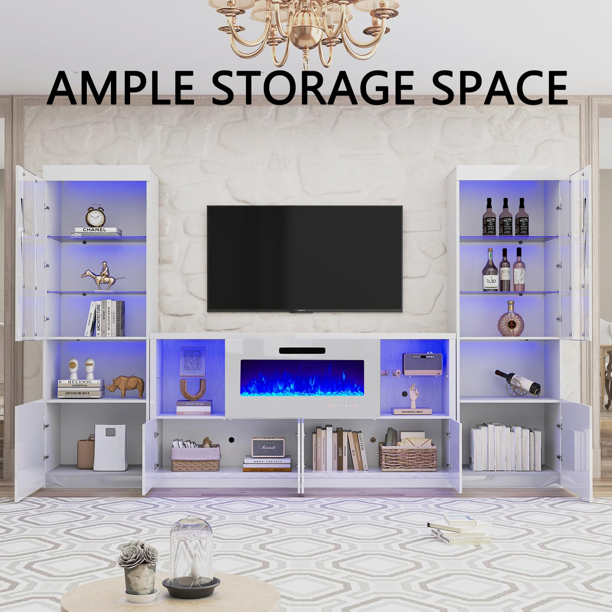 AMERLIFE Modern 3-Piece High Gloss Fireplace TV Stand & Bookcase Set in White AMERLIFE