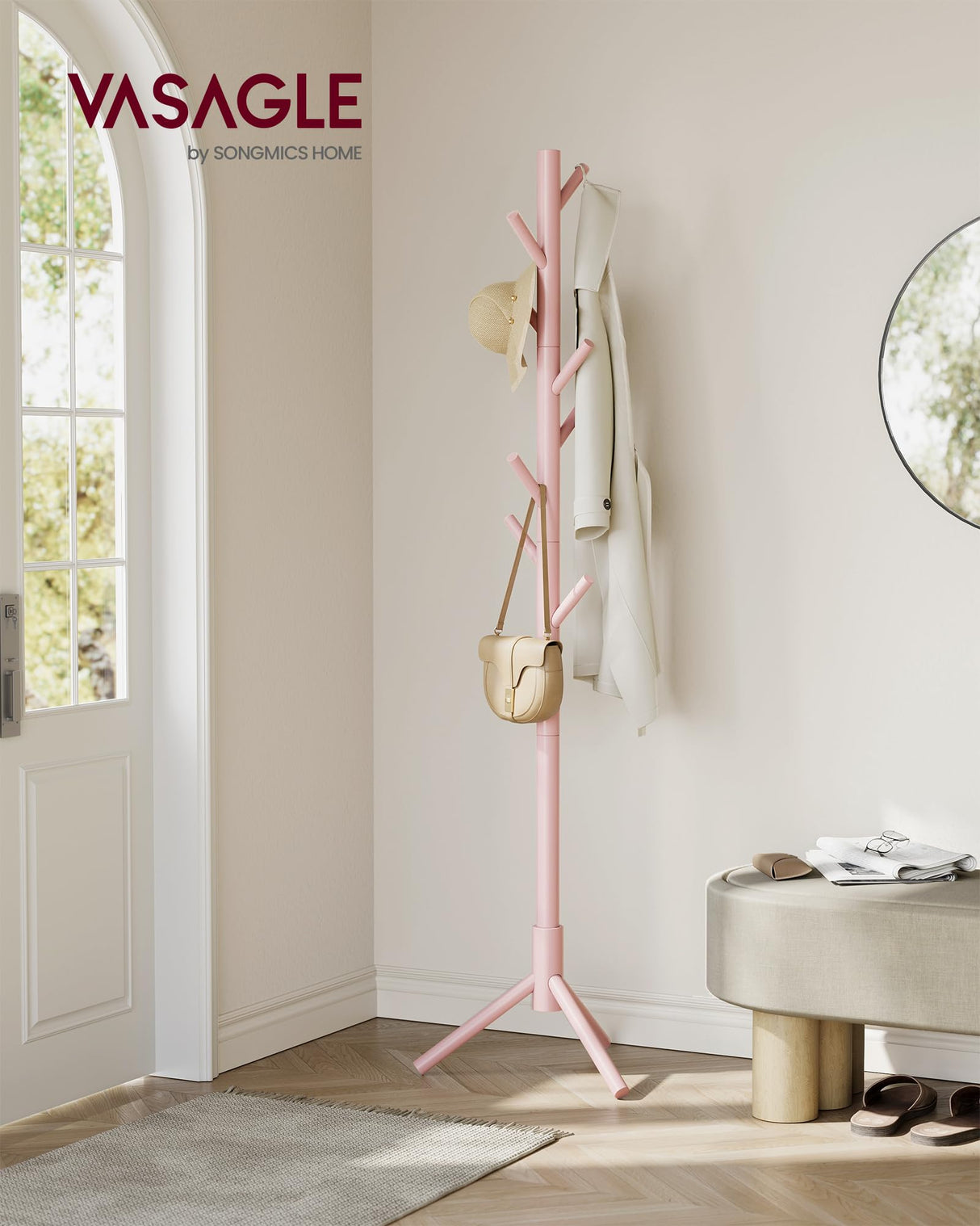 VASAGLE Solid Wood Coat Rack, Free Standing Coat Rack, Tree-Shaped Coat Rack with 8 Hooks, 3 Height Options, for Clothes, Hats, Bags, for Living Room, Bedroom, Home Office, Jelly Pink URCR004R01 VASAGLE