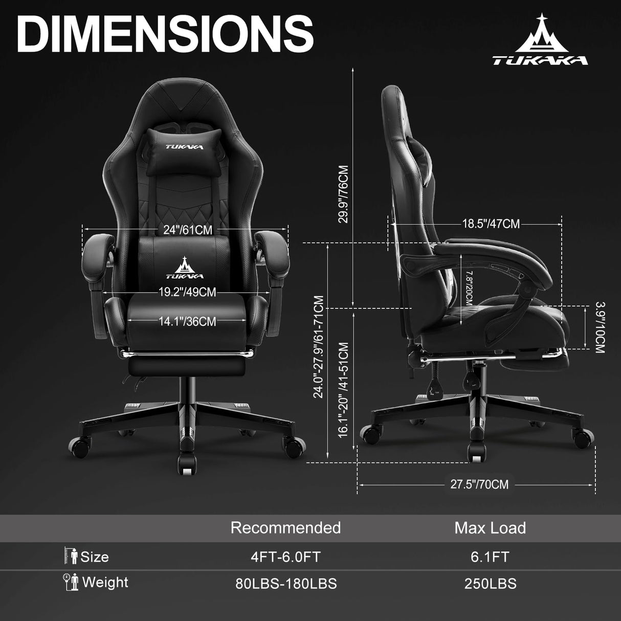 TUKAKA Gaming Chair,Ergonomic Massage Computer Office Desk Chair with Footrest,Pocket Spring Cushion,Reclining Leather Adjustable Gamer Chair with Headrest and Lumbar Support,Black TUKAKA