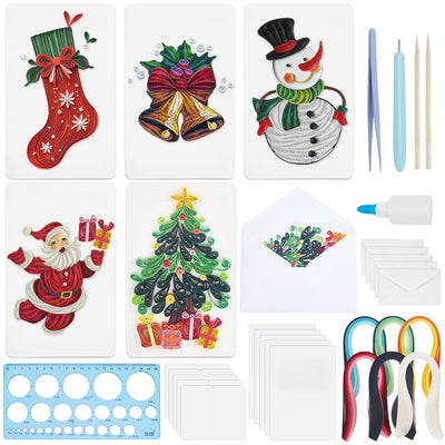 WEBEEDY 20 Sets Christmas Paper Quilling Kit for Adult Beginner Handmade Christmas Tree Snowman Ball Socks Patterns Greeting Card with Instuction DIY Holiday Congratulation Cards for Party Decor
