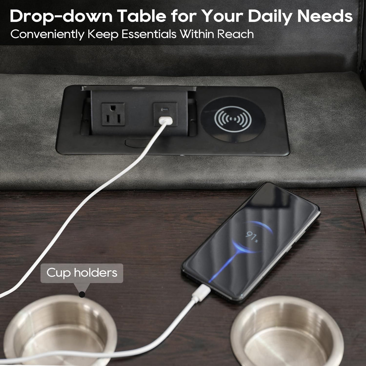 Manual Recliner Sofa Set with Wireless Charger for Living Room, Leather 3 Seater Reclining Sofa and Loveseat Seating Couch with Bass Speakers, LED Lights,Home Theater Love seat Sets with Console, Grey Comfort Stretch