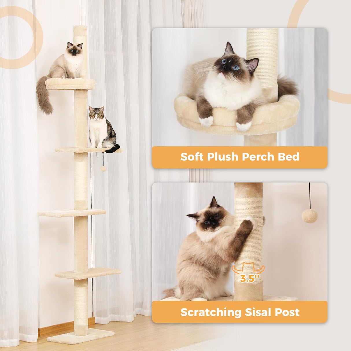 PETEPELA Floor to Ceiling Cat Tree, Cat Tower 5-Tier Height(95-107 Inches) Adjustable, Tall Cat Climbing Tree Featuring with Scratching Post, Cozy Bed,Interactive Ball Toy for Indoor Cats/Kitten Beige PETEPELA