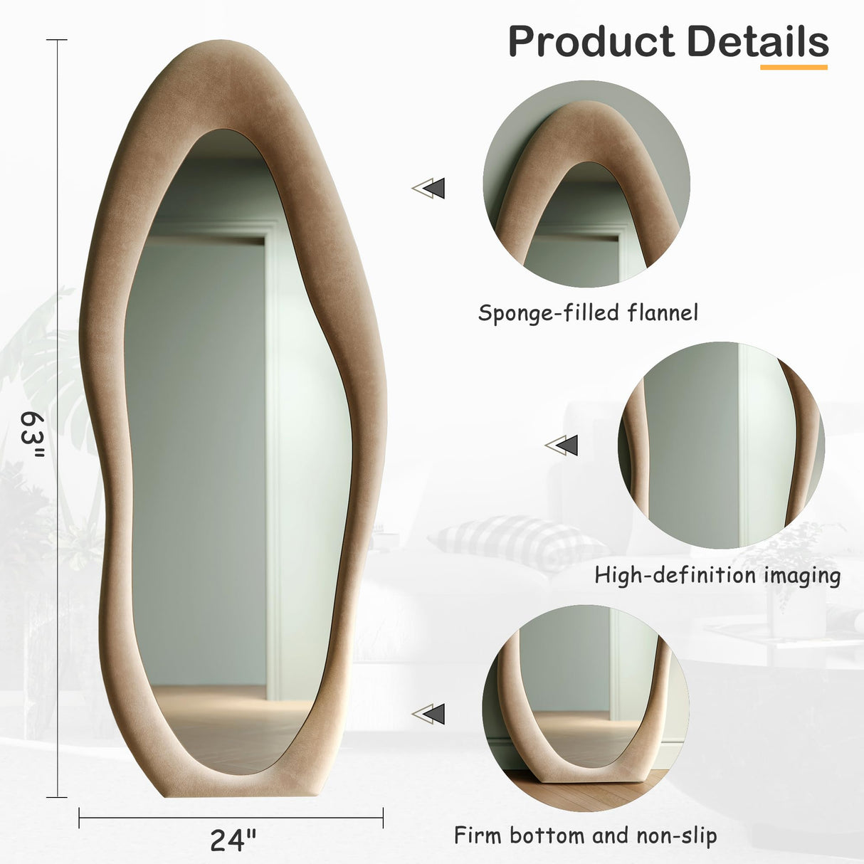 Honyee Full Length Mirror, 63" x 24" Wall Mirror, Flannel Wrapped Wooden Frame Floor Mirror, Irregular Wavy Mirror Hanging or Leaning Against Wall for Cloakroom/Bedroom/Living Room, Milk Tea Honyee