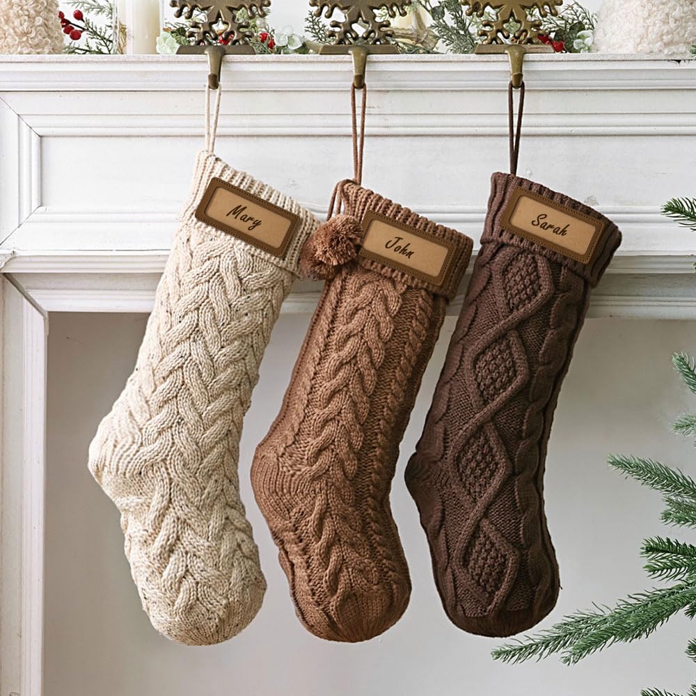 Pawliss Farmhouse Knitted Christmas Stockings: 3 Pack 18 Inch Neutral Cable Knit Fireplace Stockings, Cozy Hanging Xmas Stockings Rustic Stocking Decorations for Family Holiday Décor, Earth Tones Pawliss