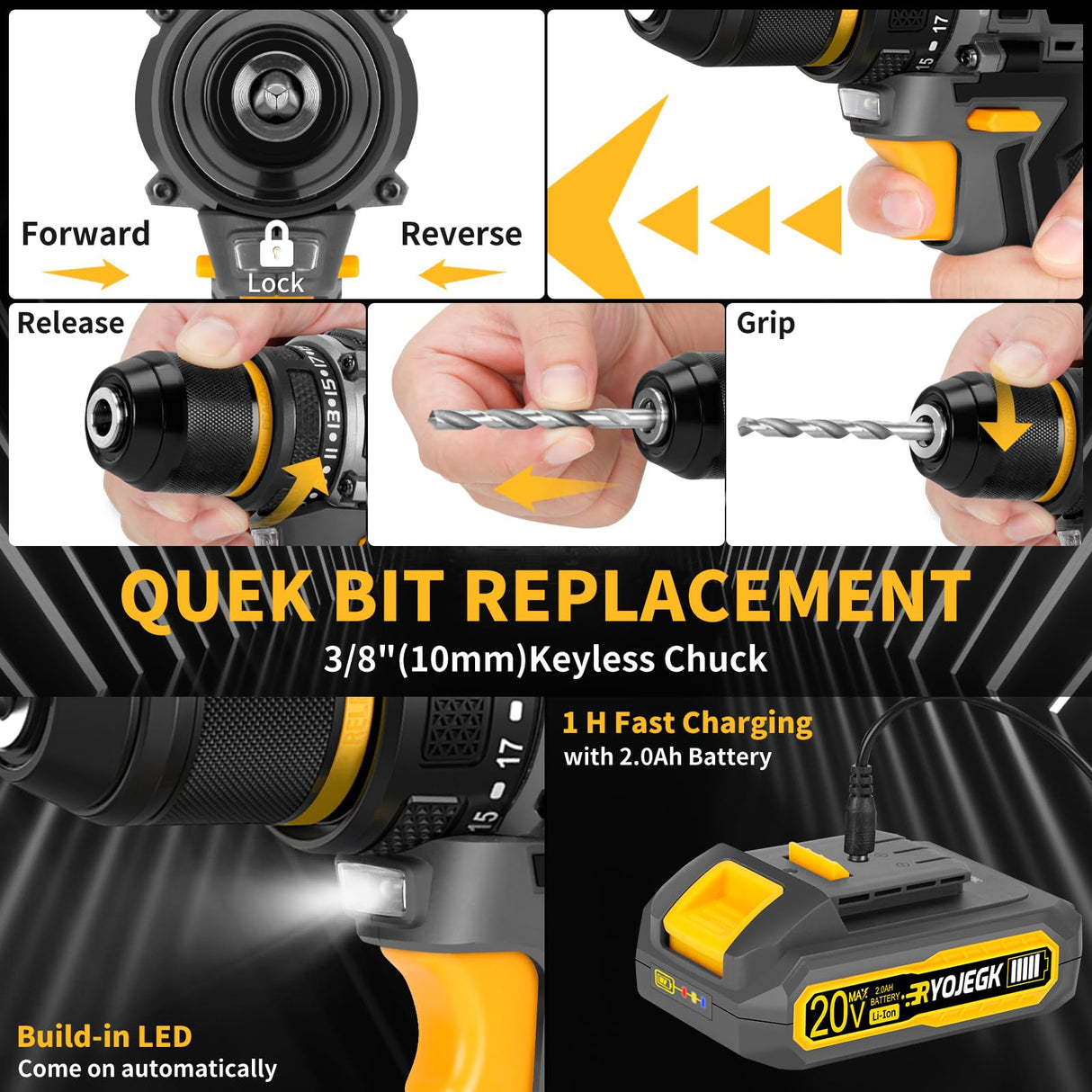 Compact Brushless Power Drill Set,60N.m Cordless Drill Tool Box with 2 Battery & 3/8”Keyless Metal Self-locking Chuck,138Pcs Men Handheld Tool Drill Set,Taladro Inalámbrico for Home Repair Set Drill RYOJEGK