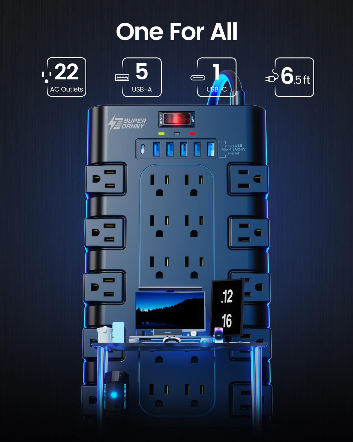Power Strip, SUPERDANNY Surge Protector with 22 AC Outlets and 6 USB Charging Ports, 1875W/15A, 2100 Joules, 6.5Ft Flat Plug Heavy Duty Extension Cord for Home, Office, Dorm, Gaming Room, Black SUPERDANNY
