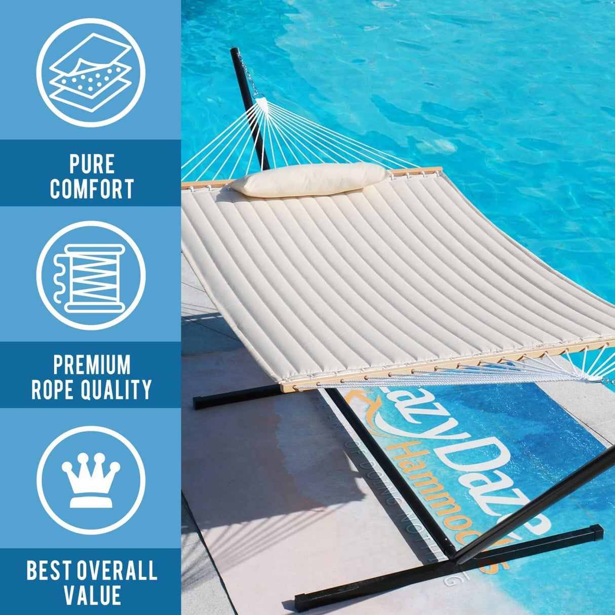 Lazy Daze Hammocks 12 FT Double Quilted Fabric Hammock with Spreader Bars and Detachable Pillow, 2 Person Hammock for Outdoor Patio Backyard Poolside, 450 LBS Weight Capacity, Natural Lazy Daze Hammocks