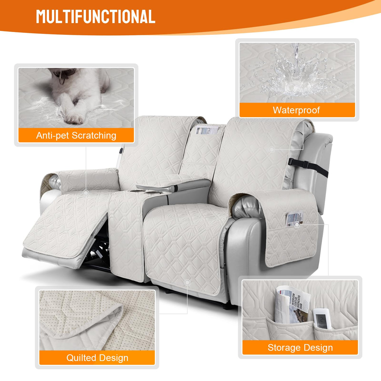 VANSOFY Loveseat Recliner Cover with Console 100% Waterproof Sofa Slipcovers Non-Slip Reclining Couch Cover Split Sofa Covers Furniture Protector for Pets, Dogs(Off White) VANSOFY