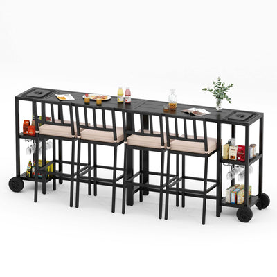 PIZZELLO 6 Piece Outdoor Patio Bar Set, 2 PCS 47" Rectangular Counter Height High Top Bar Tables with Wheels, 4 Cushioned Bar Stools, Metal Bar Table and Chairs Set for Balcony, Backyard, Porch