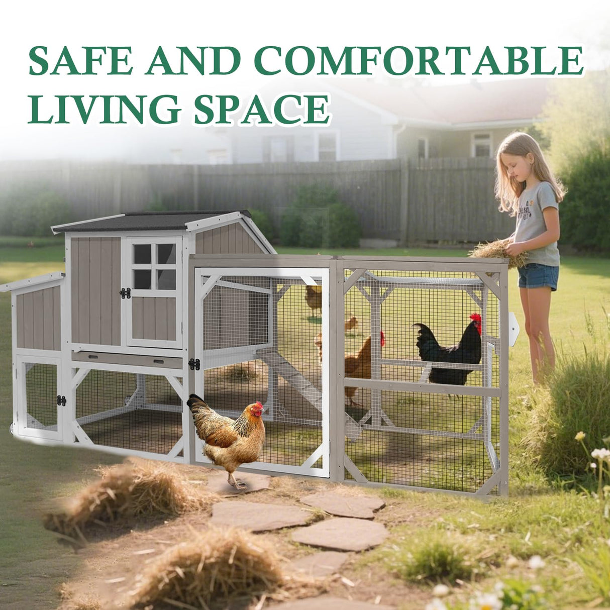 Magazoopet 95.3" Large Chicken Coop with Run, Tractor Hen Chicken House with 3 Nesting Boxes, Portable Duck Rabbit Quail Hutch Poultry Cage for 4-6 Chickens with 6 Access,Pull-Out Tray Magazoopet