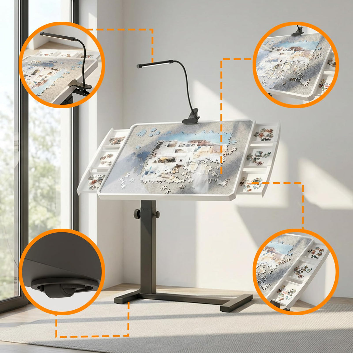 1500 Piece Jigsaw Puzzle Table with 6 Drawers and Cover 35"x26"Adjustable Puzzle Tables for Adults with Wheels 5-Tilting-Angle Portable Plastic Jigsaw Puzzle Board for mom OIRBOEUS