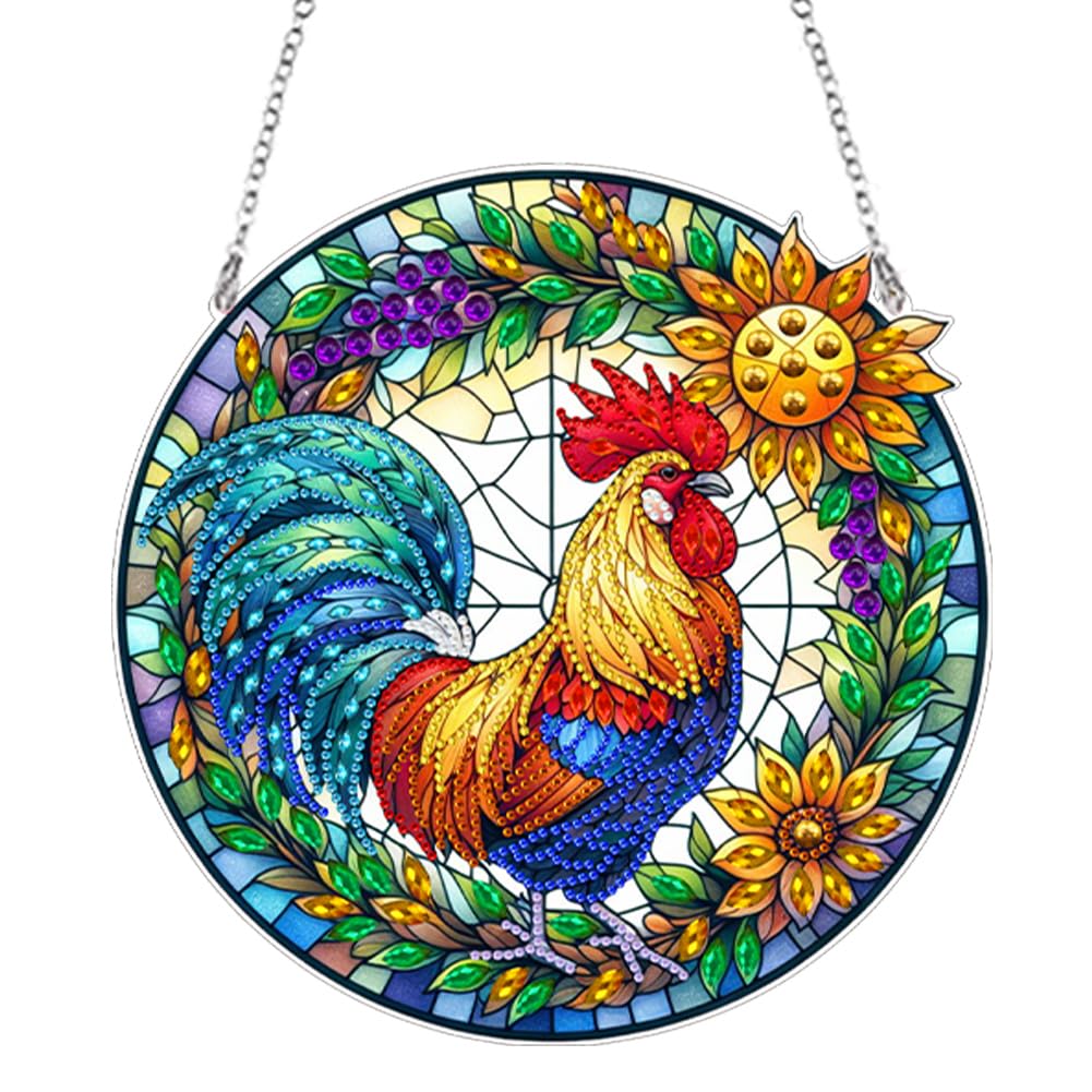 Ceitura 5D DIY Sunrise Rooster Diamond Art Painting Dots Pendant Stained Glass Rhinestone Diamond Art Window Pendants for Garden Window Decor C'eitura