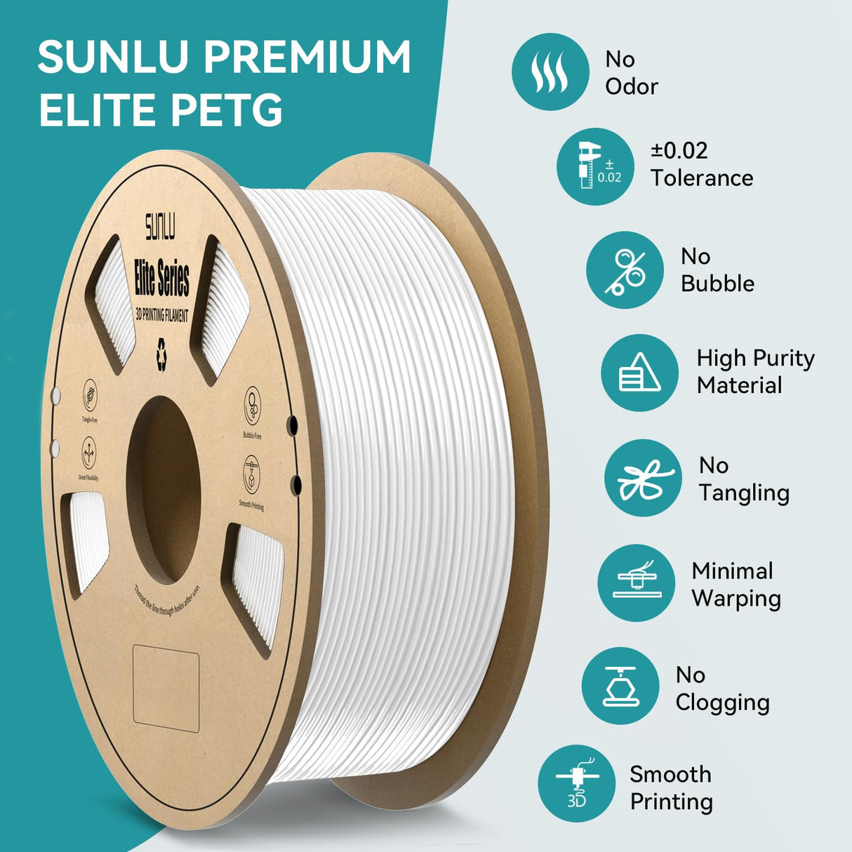 SUNLU Official Elite PETG Filament 1.75mm - 1kg(2.2lbs) Strong, Accurate 3D Printer Filament, 320 Meters, White YOOPAI