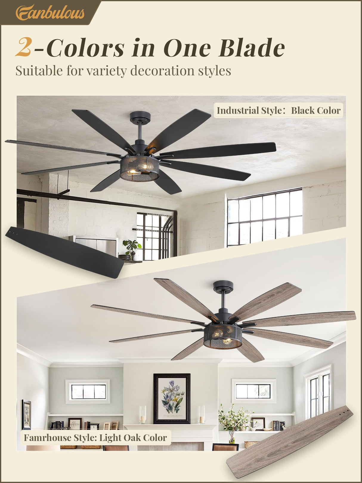 Farmhouse Ceiling Fans with Lights and Remote, 72 Inch Grey Industrial Caged Ceiling Fans for Bedroom Living Room Kitchen, 6 Speed Reversible Quiet DC Motor, Dual Finish 8 Blades Fanbulous