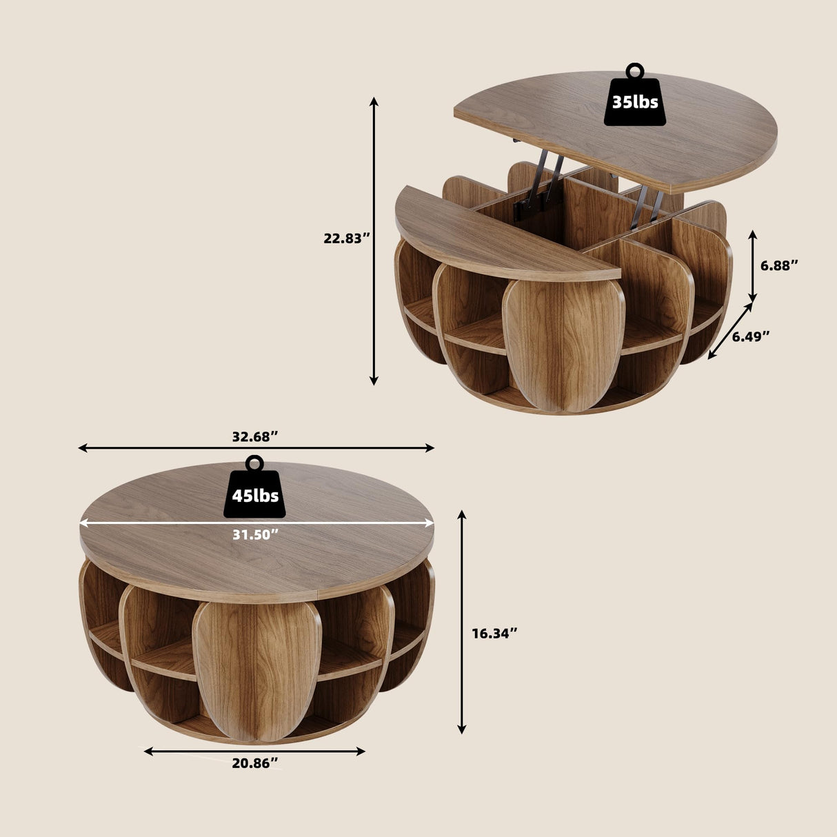 32.7" Lift Top Coffee Table with Storage, Wood Round Center Table with Hidden Storage Compartment & Shelves, Mid Century Modern Coffee Tables for Living Room Rustic Accent Small Center Table TOKSOM
