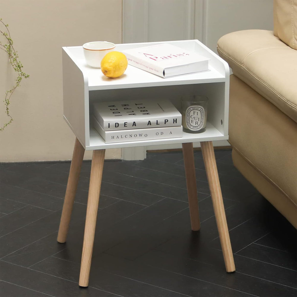 MaxSmeo White Nightstand, Small Bed Side Table for Small Spaces,Mid Century Modern Nightstand End Table with Storage and Solid Wood Legs for Bedroom Living Room(White) MaxSmeo