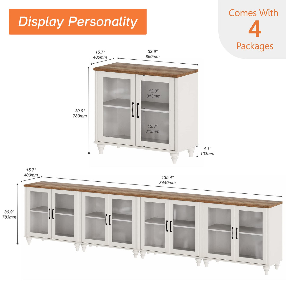 WAMPAT Large TV Stand for TVs up to 110 Inch, White Entertainment Center TV Console Table for 85/90/95/100 Inch TV with LED Light, Accent Buffet Cabinet with Glass Door for Dining Room & Living Room WAMPAT