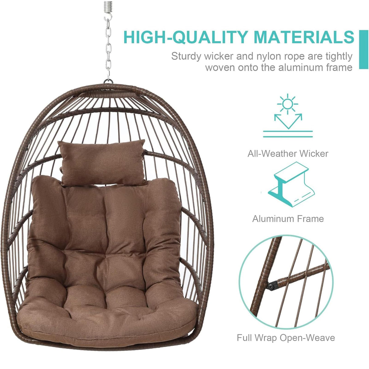 SWITTE Egg Chair Outdoor Indoor with Stand, Hanging Egg Swing Chair with Stand, Wicker Egg Chair with Cushion 350lbs Capacity for Patio (Brown) SWITTE