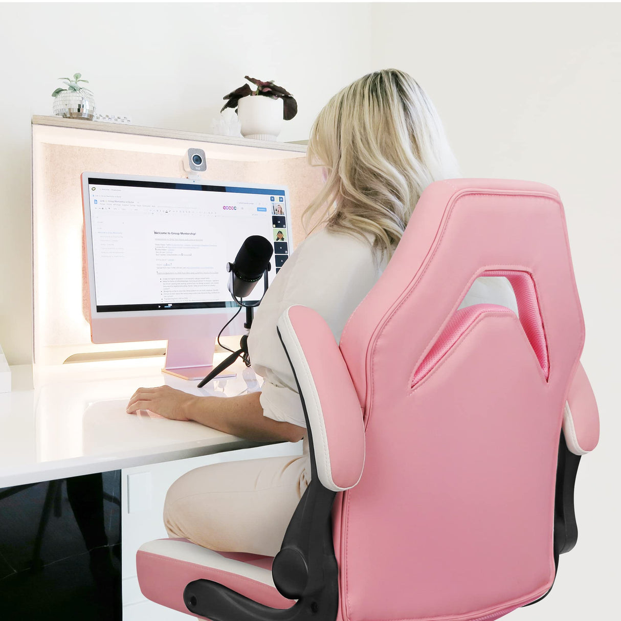 N-GEN Video Gaming Computer Chair Ergonomic Office Chair Desk Chair with Lumbar Support Flip Up Arms Adjustable Height Swivel PU Leather Executive with Wheels for Adults Women Men (Pink) NEO CHAIR
