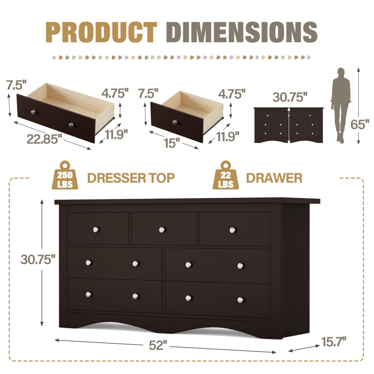 YESHOMY Dresser for Bedroom with 7 Drawers, Modern Chest of Drawers, Wooden Dressers, TV Stand for Living Room,Closet, Hallway (Brown)