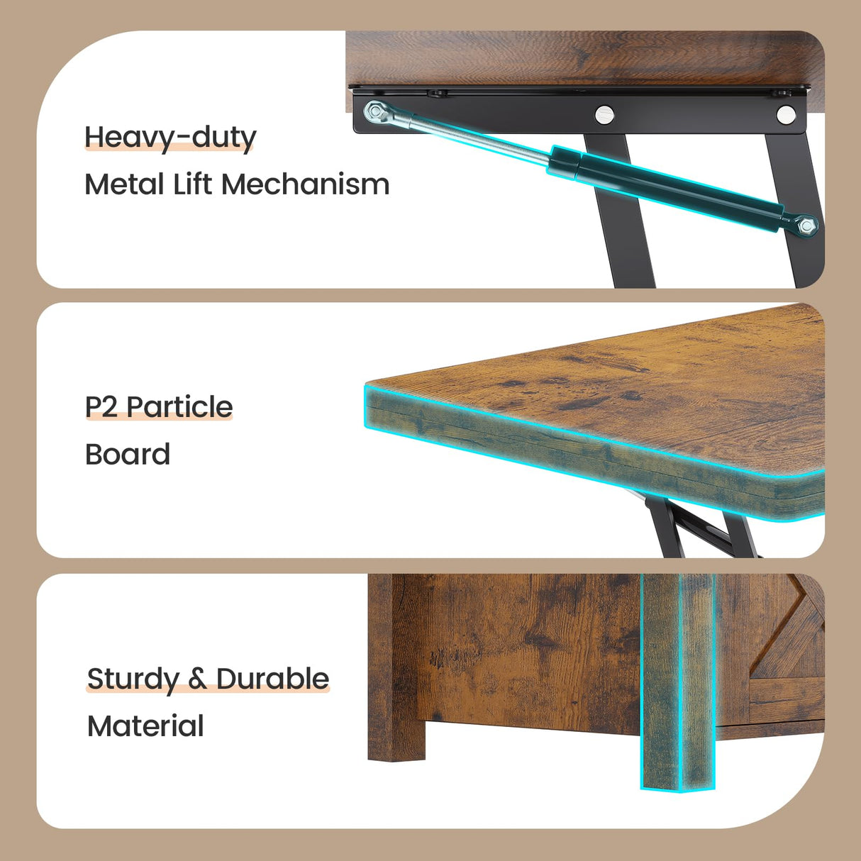 SEDETA Lift Top Coffee Table, 4 in 1 Convertible Coffee Tables with Storage and Hidden Compartment for Living Room, Farmhouse Coffee Table Converts to Dining Table, Dining Reception Room, Rustic Brown SEDETA