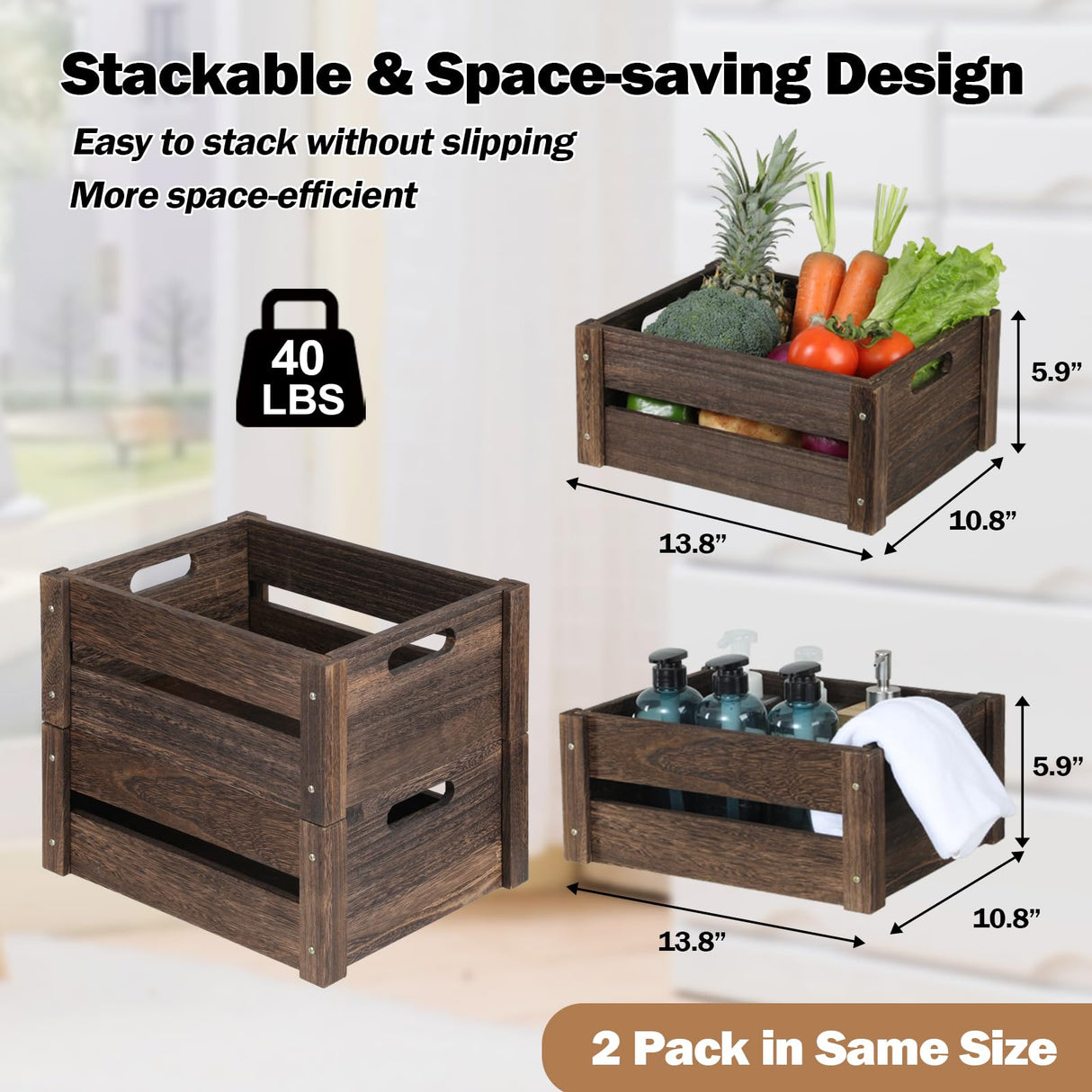 Edergoo Wooden Crates, Farmhouse Wooden Crates for Storage, Rustic Handmade Wood Crate with Handles, Durable Wooden Crates for Display, Medium Wooden Crate Box, Wooden Crates for Decor, 2 Pack, Brown Edergoo