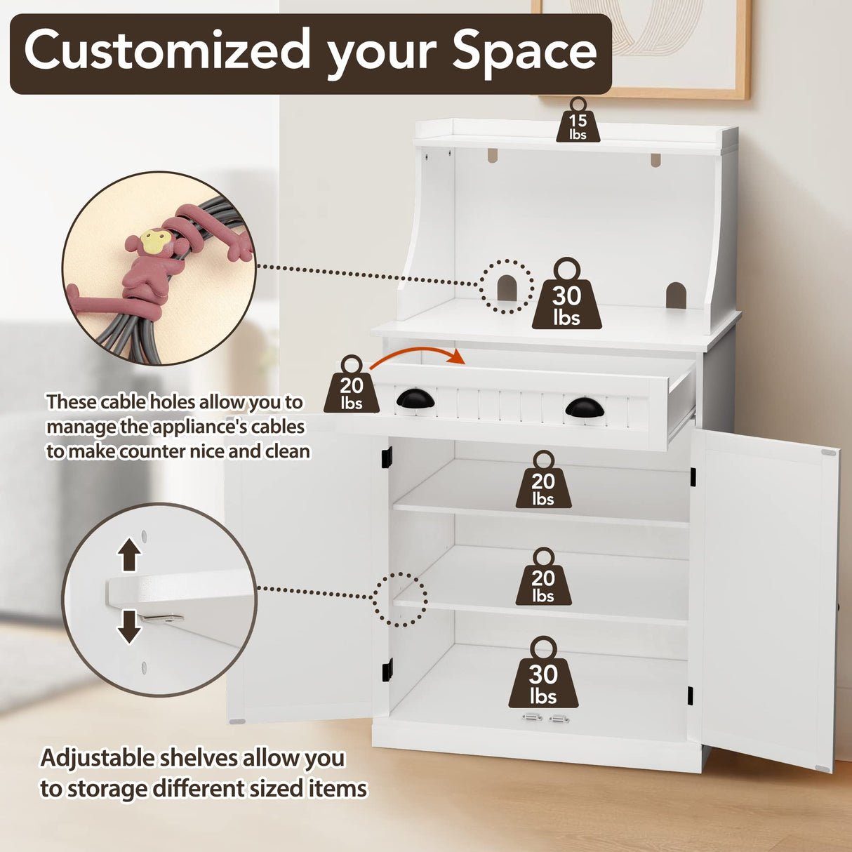 HOLTICO 54" Freestanding Kitchen Pantry Storage Cabinet with Doors and Adjustable Shelves, Microwave Oven Stand with Drawer for Kitchen, Bathroom or Hallway, White HOLTICO