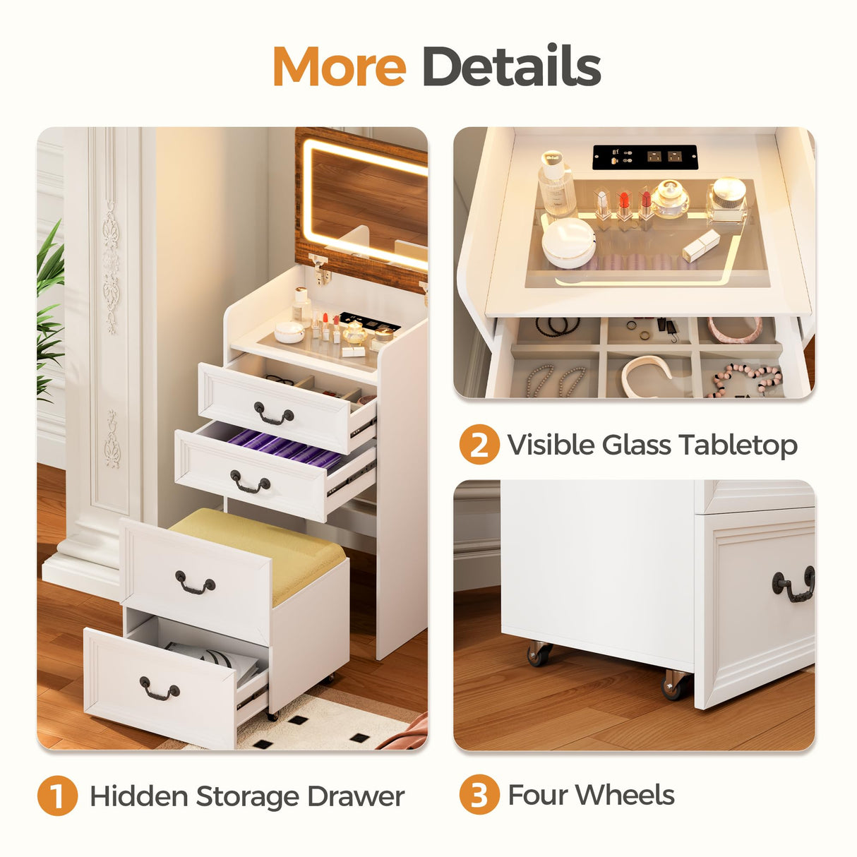 ChicFurnit Makeup Vanity,3-in-1 Vanity Desk with Flip-Top Mirror,Hidden Stool & Visible Glass Desktop,Convertible Vanity Set with USB Charging Station,Open Shelf & 3-Color Lighting,White&Brown ChicFurnit