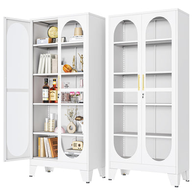 PAOFIN 71" H Locking Display Cabinet with Glass Door, Metal Curio Cabinets with 4 Adjustable Shelves, Tall Liquor Cabinet Display Case for Living Room, Collectibles, Home - Assembly Required White