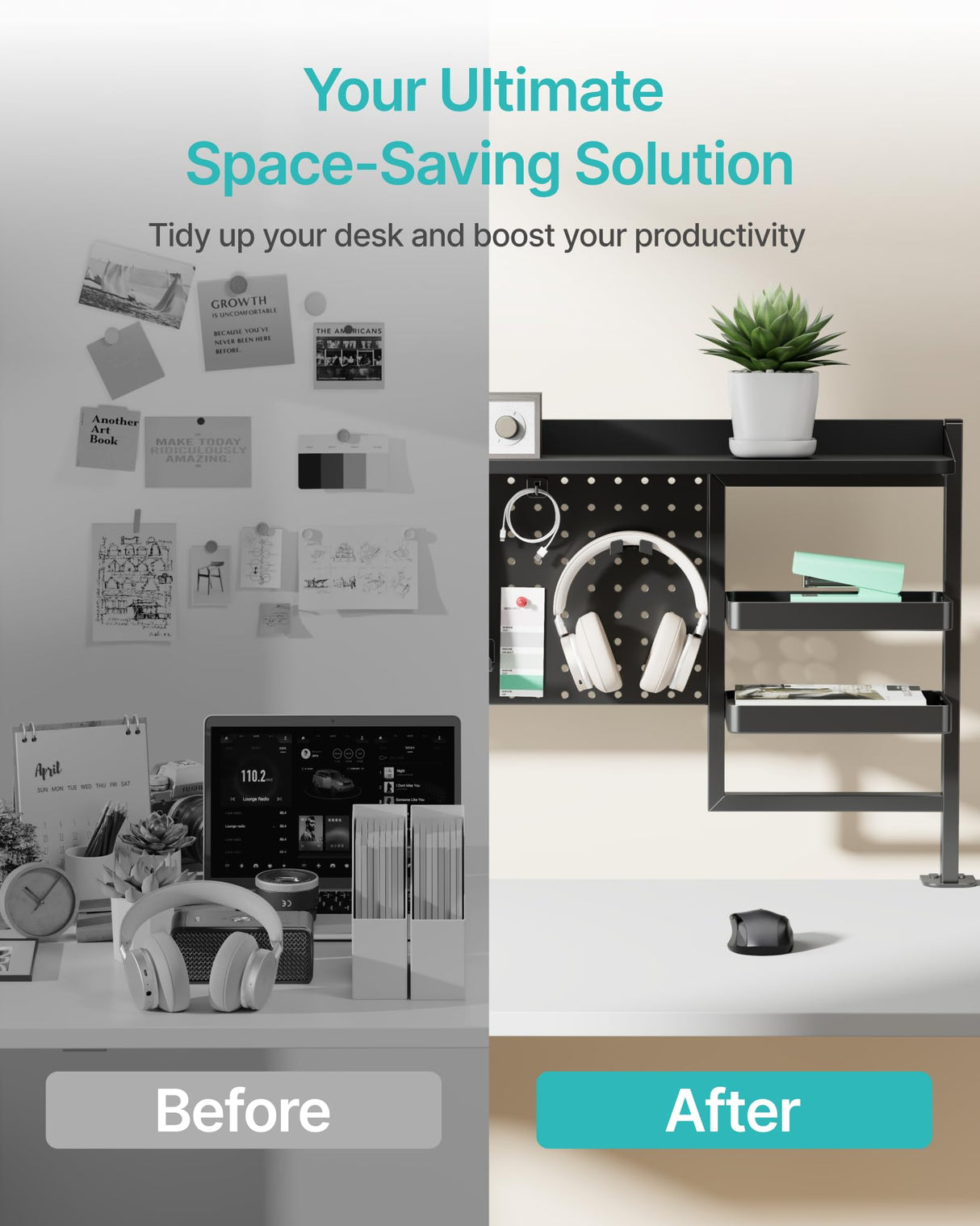 PEGZONE Clamp on Desk Shelf, 44" Desktop Shelving System with Pegboard and Accessories, Desktop Organizer with 2-Tier Shelf, Desk Pegboard for Office Home Gaming, Black PEGZONE