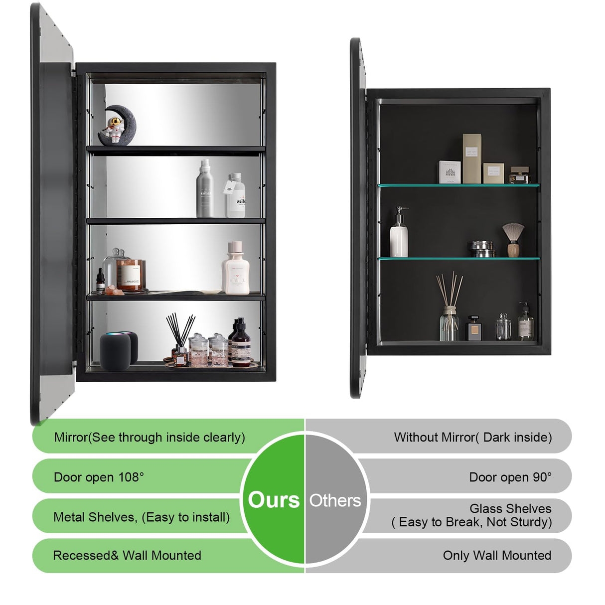 YOOSHINE Black Bathroom Medicine Cabinet with Mirror 17 x 27 Metal Frame Recessed Or Wall Mounted Single Door Storage Medicine Cabinets with Adjustable Shelves Rounded Corner Beveled Mirrors YOOSHINE