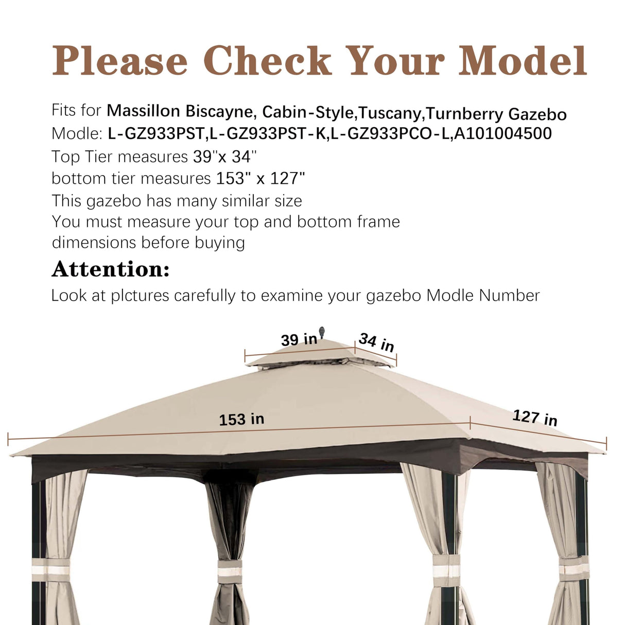 SCOCANOPY Replacement Top for 10x12 FT Gazebo Massillon Biscayne,Cabin-Style L-GZ933PST,Turnberry L-GZ933PCO-L,Tuscany L-GZ933PST-K (Light Beige Ripstop) SCOCANOPY