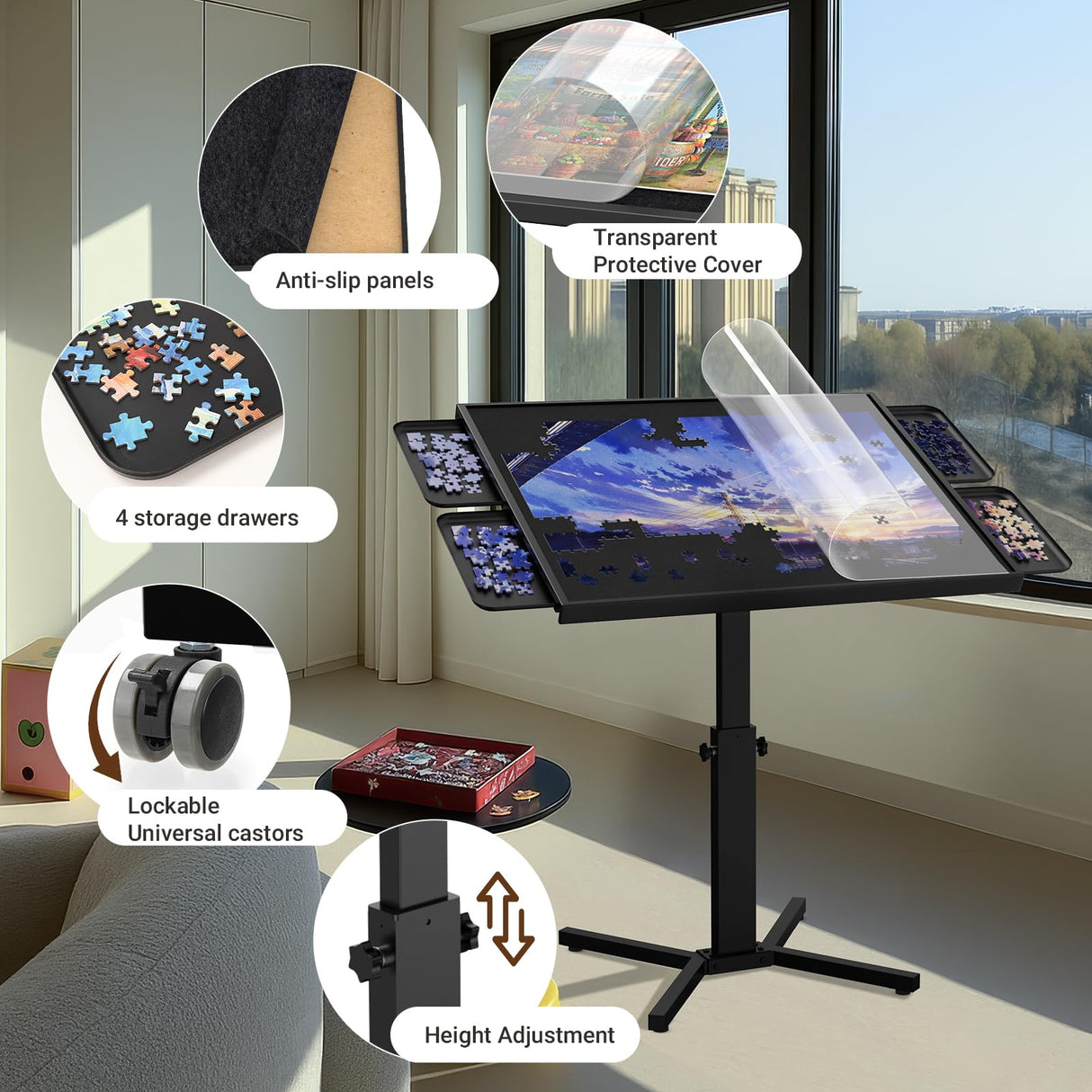 1500 Piece Jigsaw Puzzle Table with Drawers & legs, 28"x35" Large Puzzle Table for Adults, Adjustable height &12 tilt Angle, Wooden Puzzle Board with 4 Drawers & Cover, Birthday Gift for Family(Black) HEBESPACE