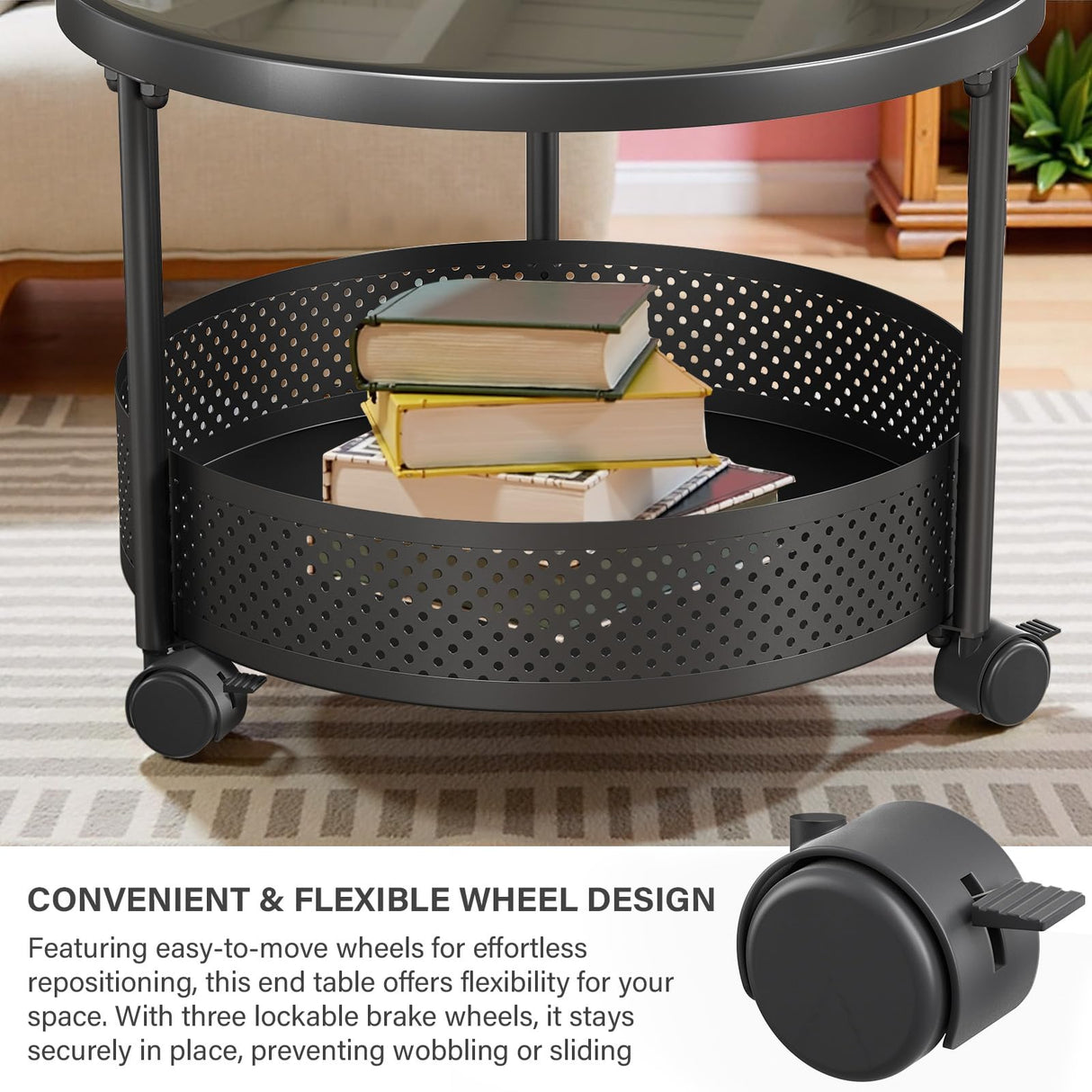 Belord Versatile Nesting Round Coffee Tables Set of 2 for Living Room Tempered Glass Black Metal Stacking Nesting Table with Casters and Storage Belord