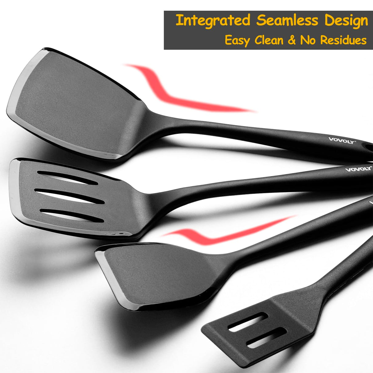 Silicone Spatula Set, 600°F Heat Resistant Silicone Spatula Turner Flipper for Cooking, Non Stick and Non Scratch Kitchen Utensils for Eggs & Pancakes, 4 Pack, Black Vovoly