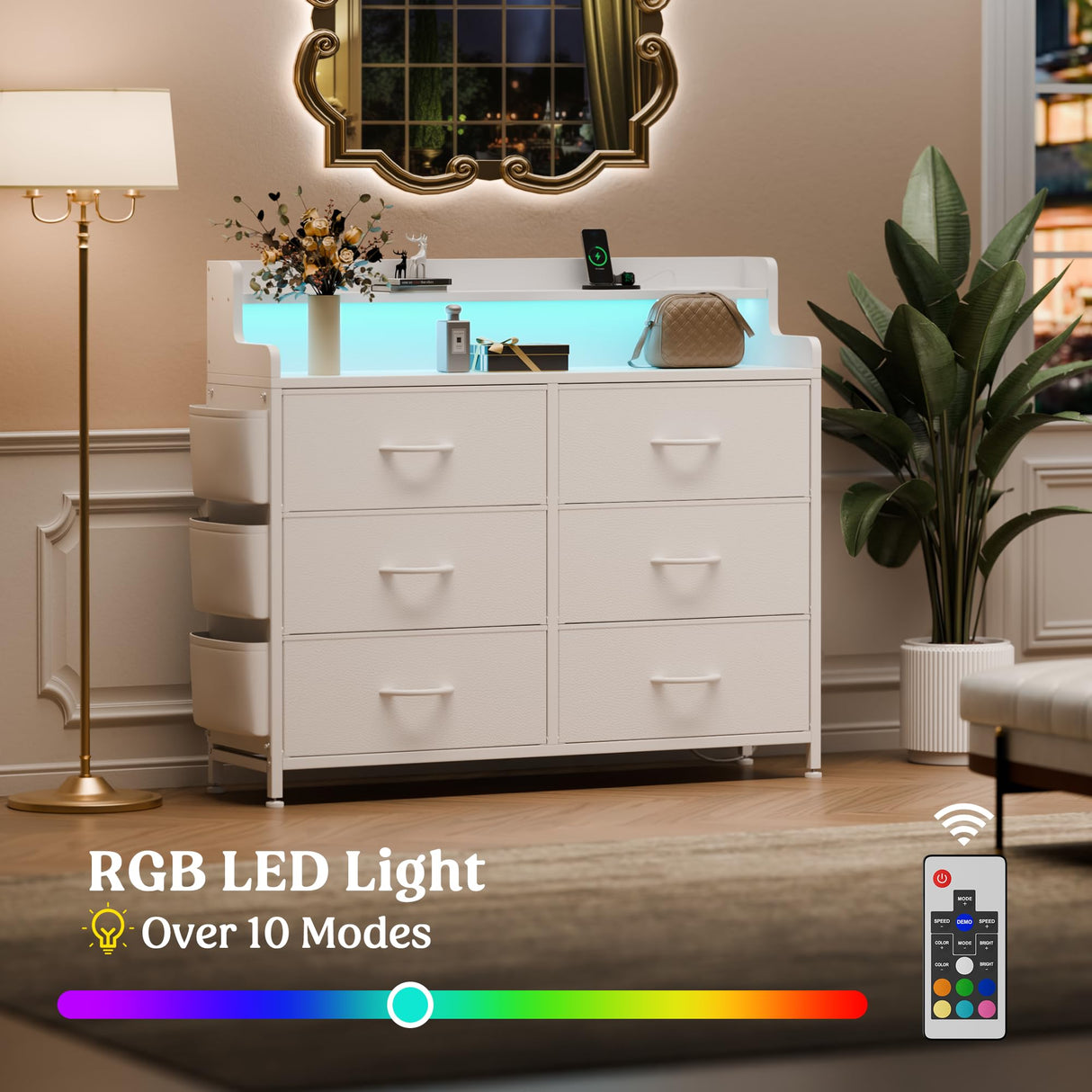 Lulive White Dresser for Bedroom 6 Drawers - Fabric Dressers for Bedroom with LED Light & Charging Station - Adults Chest of Drawers for Living Room Hallway Closet (White) Lulive