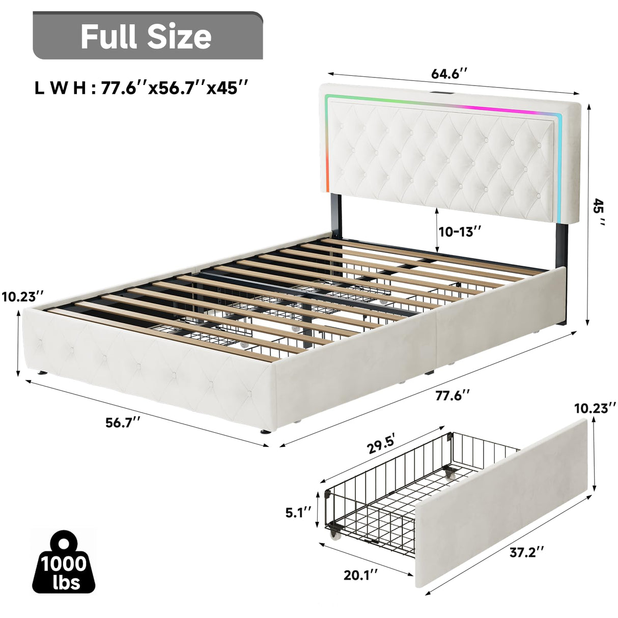 QFP LED Full Bed Frame with 4 Storage Drawers and Adjustable Headboard, Modern Velvet Upholstered Platform Bed Frame Full Size with Charging Station, Wooden Slats Support, No Box Spring Needed, White QFP