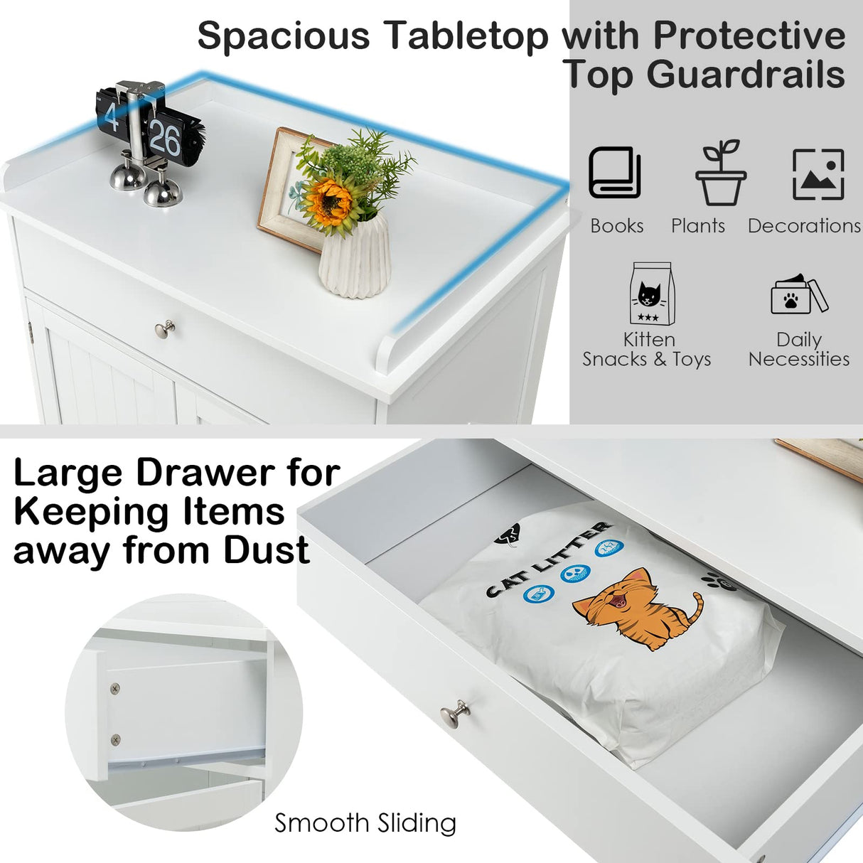 PETSITE Cat Litter Box Enclosure, Large Cat Washroom End Table with Drawer & 2 Doors, Wooden Cat House Storage Cabinet, Hidden Litter Box Furniture, White PETSITE