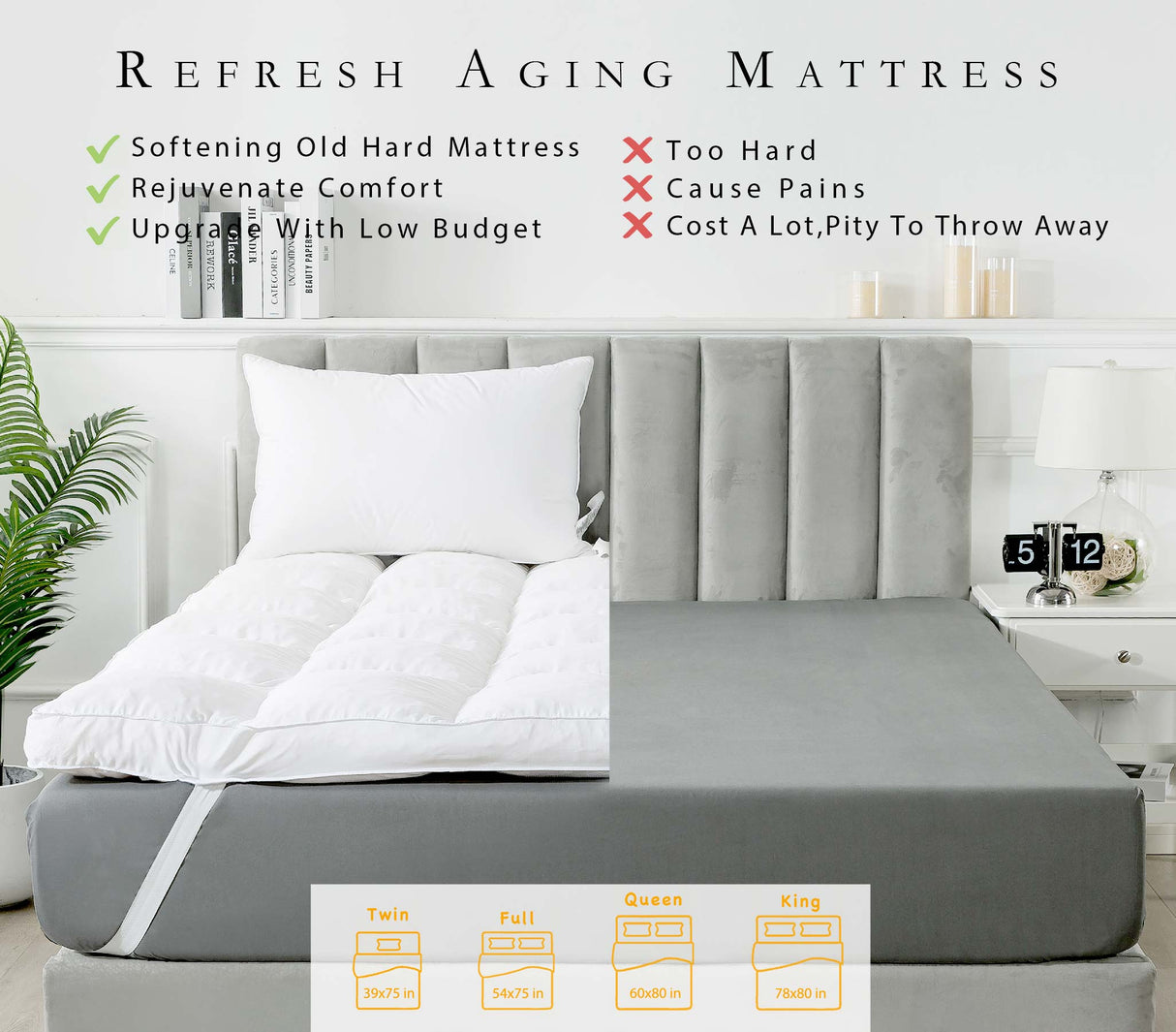 WhatsBedding 3 Inch Memory Foam Mattress Topper Queen Size for Pressure Relief, Fluffy & Soft Shredded Memory Foam Filled Pillow Top, 4 Anchor Elastic Bands, 1700GSM, 60x80in WhatsBedding