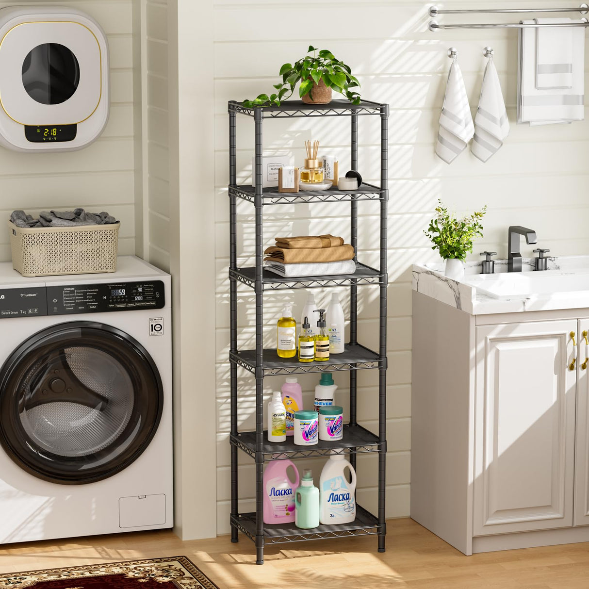 Golpart 6 Tier Adjustable Storage Shelves Narrow Mesh Gaps Metal Utility Shelf Wire Shelving Unit Organizer Rack for Home Kitchen Office Bathroom Pantry Room10 D x 16" W x 60" H Black Golpart