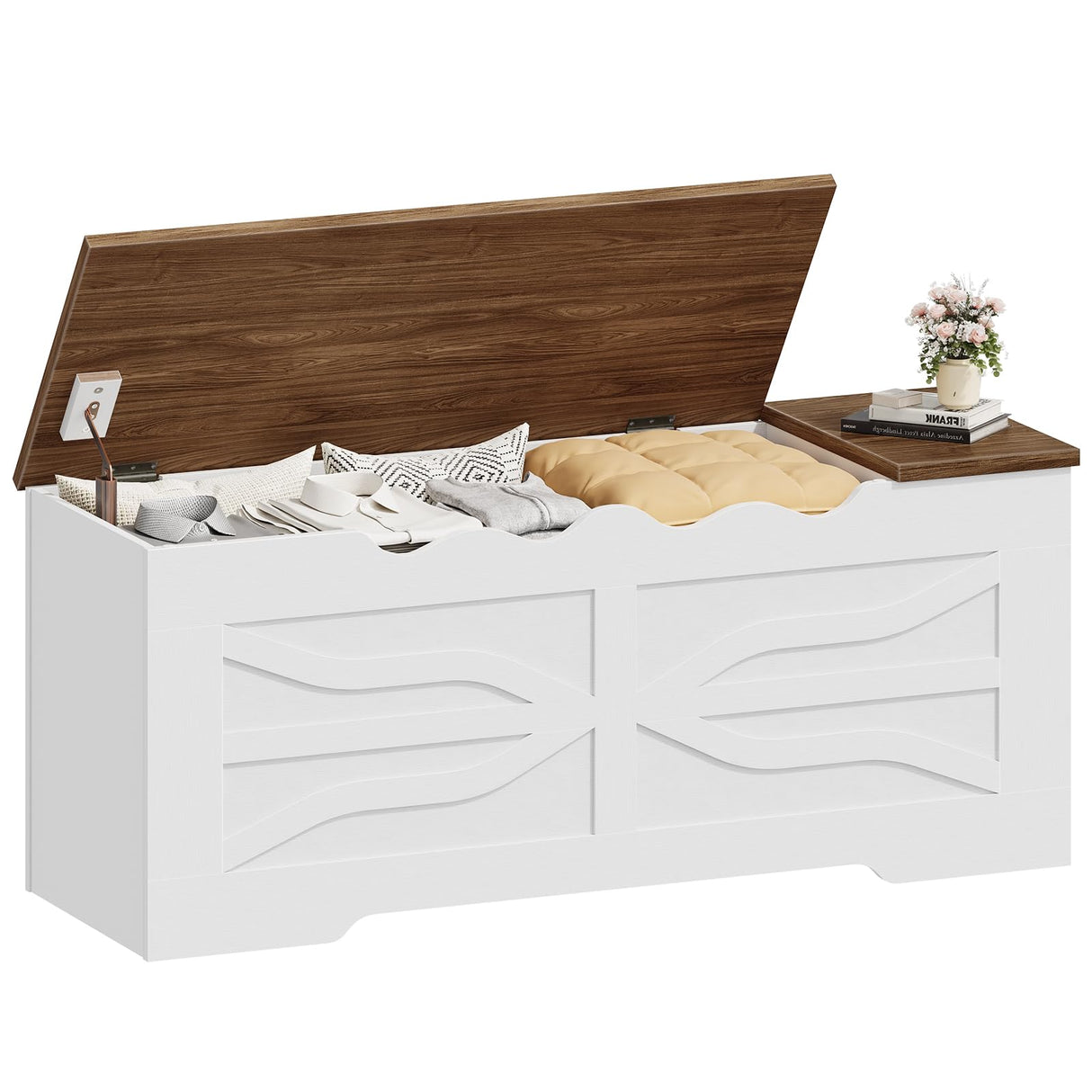 HOOBRO Farmhouse Storage Bench, Toy Box with Safety Hinges, Wooden Storage Chest with Side Storage Cubby, 47.2''L x 15.7''W x 19.5''H, for Entryway, Bedroom, Living Room, White and Walnut WH96CW01 HOOBRO