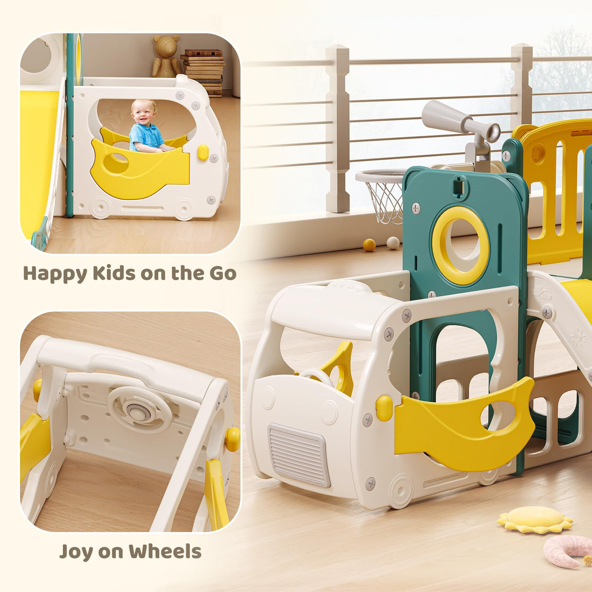 Toddler Slide Kids Slide Playset for Babies Bus Themed Toddler Playground with Climber Baskteball Hoop Indoor Playground Outdoor MOCUTEEN