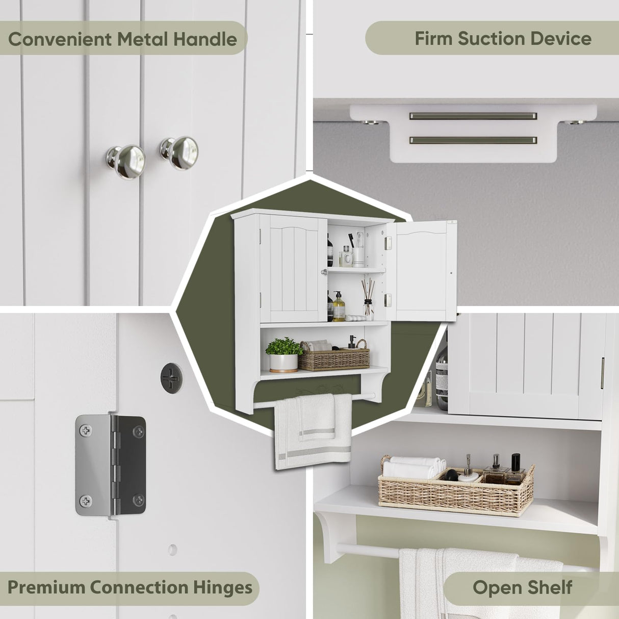 Smuxee White Bathroom Cabinet Wall Mounted with Towels Bar, Bathroom Medicine Cabinet with 2 Door Adjustable Shelves, Over Toilet Cabinet for Bathroom Laundry Room Kitchen Smuxee